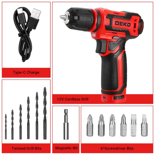Cordless Drill：DEKOPRO 12V Power Drill Set 800RPM Electric Drills Small Drills with 3/8-inch Keyless Chuck and Portable Tool Set Gift Box (Red) - color: Red