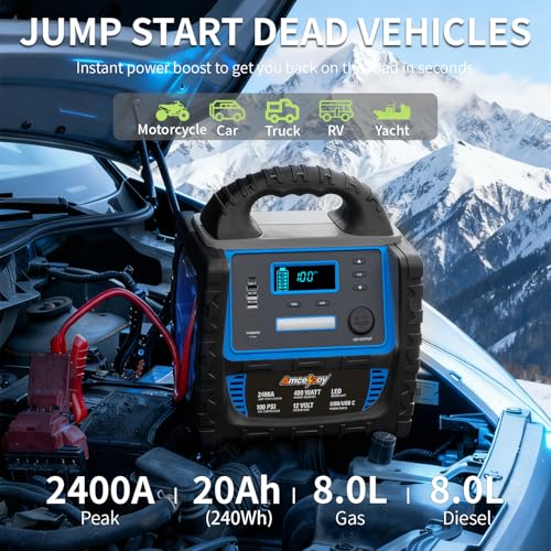 2400A Car Battery Jump Starter and Portable Power Station – Starts 8.0L Gas & 8.0L Diesel – 6-in-1 Jump Starter with Air Compressor 100 PSI Tire Inflator – 400 Watt Inverter AC/DC/USB Outlets - color: Blue