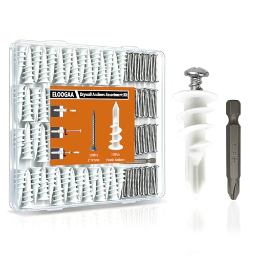 200Pcs Drywall Anchors and Screws Kit, 100Pcs Self-Drilling Plastic Wall Anchors with 100Pcs #8 Phillips Screws & PH2 Bit, Heavy Duty Anchors for Hanging Pictures, Shelves, Home Mounting - size: 1 Inch