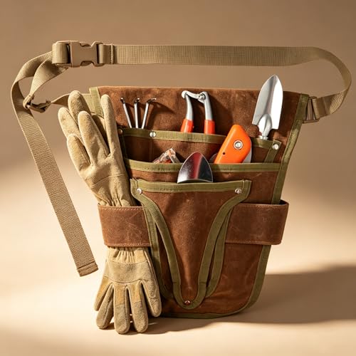 Gardening Tool Pouch for Waist, Hands-Free Canvas Tool Belt with 6 Pockets – Adjustable Waist Apron for Gradenging Tools (Gardening Tools NOT Included)-(Brown) - color: Brown