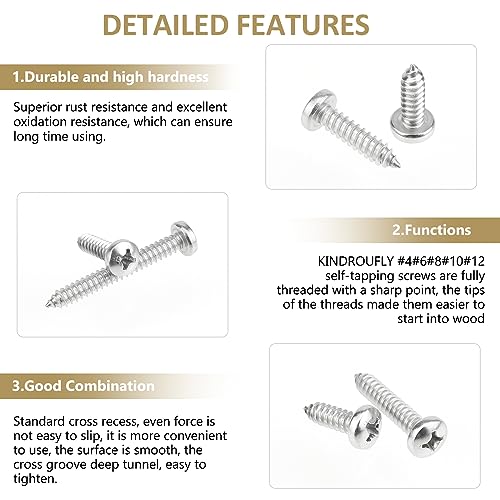 542 Pieces #4#6#8#10#12 Phillips Pan Head Self-Tapping Screws, Wood Screws Assortment Kit, 304 Stainless Steel - size: #4#6#8#10#12