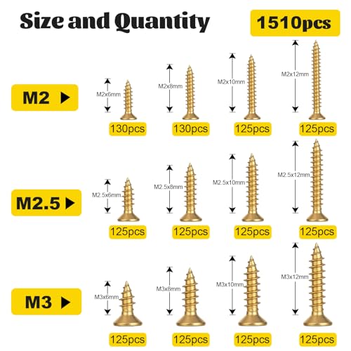1510Pcs Wood Screws Assortment Kit, M2 M2.5 M3 Tiny Phillips Flat Head Self Tapping Screws Set, Cross Countersunk Sheet Metal Screws Assortment for Wood - size: 1510pcs M2M2.5M3 Gold
