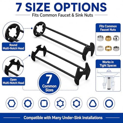 2PCS Basin Wrench, Under Sink Faucet Tool for Tight Spaces | 7 fixed openings, 360° rotating head, narrow cabinet access, metal build, installation and removal support