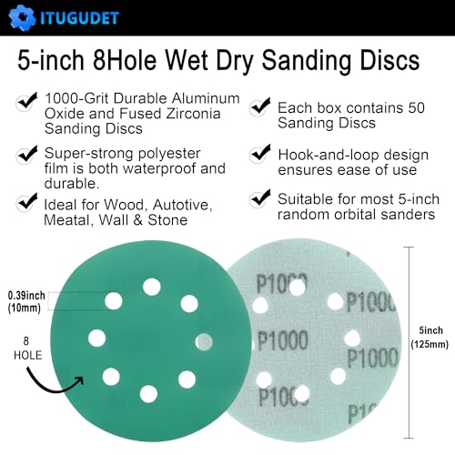 5 Inch 8 Hole P1000 Grit Zirconia Wet Dry Sanding Discs - 50 Pack - size: 1000 Grit