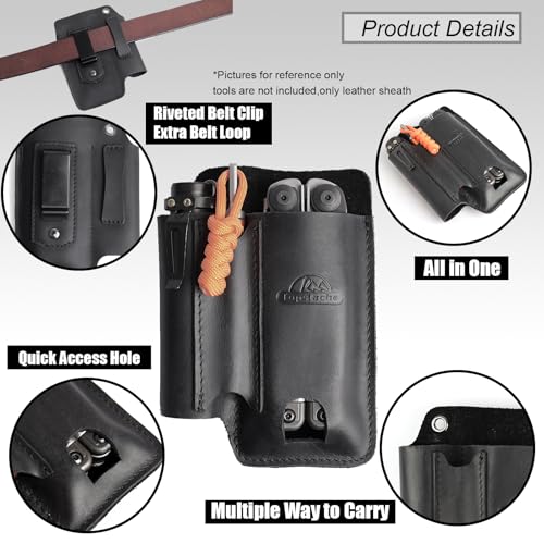 Topstache Leather Multitool Sheath with Belt Clip - Multitool Pouch for Belt - EDC Belt Organizer - Multitool Holster Fits Multitool, Flashlight, Pen - Leather Multitool Holder - Black - color: Black-L (for multitool)