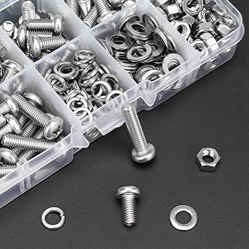 HELIFOUNER 210 Pieces M5 x 6mm /8mm /10mm /12mm /16mm /20mm, Phillips Pan Head Machine Screws, Metric Screws Bolts Washers Nuts Kit, 304 Stainless Steel - size: M5