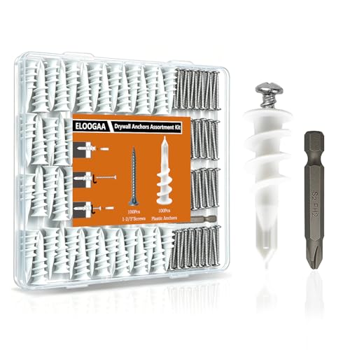 200Pcs Drywall Anchors and Screws Kit, 100Pcs Self-Drilling Plastic Wall Anchors with 100Pcs #8 Phillips Screws & PH2 Bit, Heavy Duty Anchors for Hanging Pictures, Shelves, Home Mounting - size: 1.37 Inch