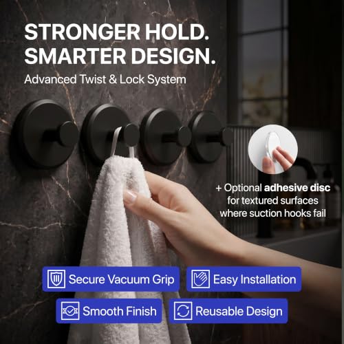 HOME SO Suction Cup Hooks for Shower & Bathroom Towel Holder 4-Pack Black - color: Matte Black, size: 4 Pack
