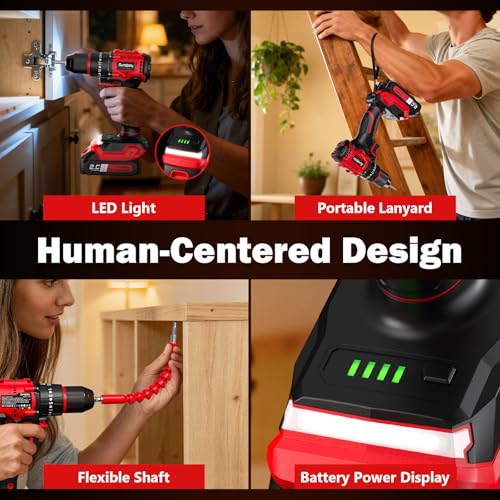 Sundpey 620In-lbs Brushless Cordless Drill Set, Electric Power Drill Set - color: Red