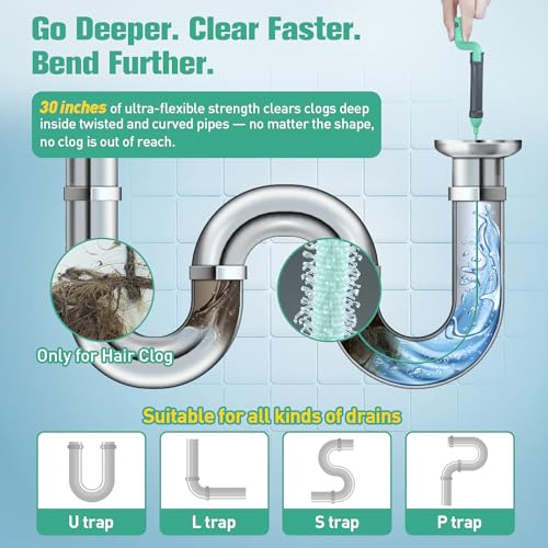 Drain Clog Remover Tool, 30-Inch Hair Clog Remover, Plumbing Snake Auger with Rotating Handle, Flexible Steel Shower Drain Snake for Cleaning Shower, Bath Tub, Easy to Use on Most Home-10 Pack