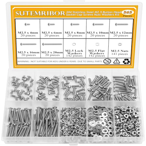 565 Pieces M2.5 Screws Nuts Washers Set, Sutemribor M2.5 x 4/6/8/10/12/16/20mm Button Head Socket Cap Screws Nuts Washers Assortment Kit, 304 Stainless Steel, Fully Threaded - size: M2.5, style: Button Head Socket Cap