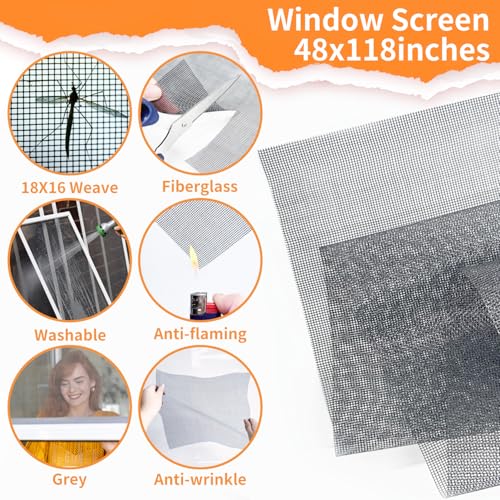 King&Charles Window Screen Replacement, 6in1 Window Screen Door Repair Kit - color: Gray, size: 48"×118"