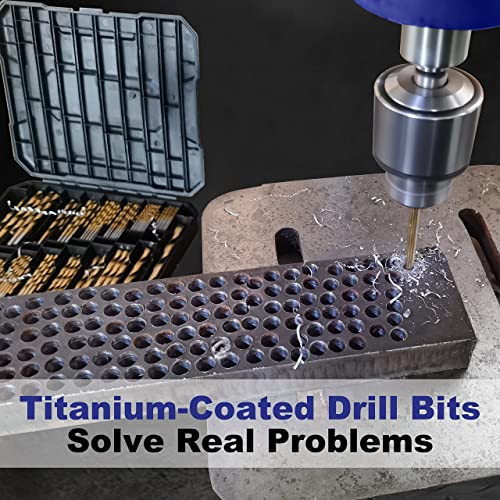 99 Pieces Titanium Twist Drill Bit Set, 135° Tip High Speed Steel, Size from 1/16" up to 3/8", Ideal Drilling in Wood/Cast Iron/Aluminum Alloy/Plastic/Fiberglass, with Hard Storage by HURRICANE - size: 99 Piece Twist Drill Bits Set 135°