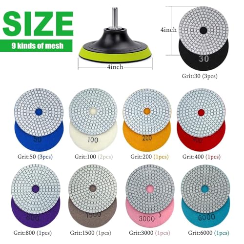 16PCS Wet Dry Diamond Polishing Pad Kit, 4 Inch Diamond Sanding Pad 30-6000 Grit with 5/8''-11 Thread Backer Plate for Concrete Marble Quartz Granite Countertop Stone & Tile Polishing - size: 4 Inch 30-6000 Grit