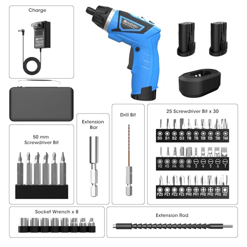 Cordless Screwdriver,8V Electric Screwdriver with 2X 2000mAh Battery,6+1Torque, 10N·m Max Rechargable Power Screwdriver 47pcs Bits, LED Light,Flexible Shaft