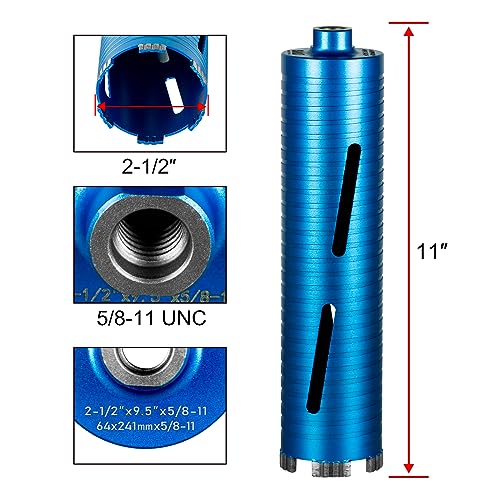 SALI Diamond Core Drill Bits 2 1/2" Diameter 10"/254mm Drilling Depth 5/8-11" Thread Core Bit Turbo Laser-Welded Segments for Cured Concrete with Brick, Block, Masonry, with Two Adapters - size: 2 1/2 inch