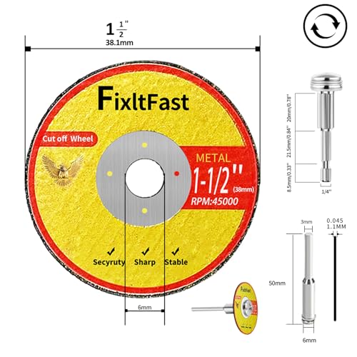 FIXLTFAST 1-1/2 Cut Off Wheels,1.5" x 1/8" Fiberglass Reinforced Metal Cutting disc for Rotary Tool Accessories Include Mandrels - 11 Pack - size: 1 1/2