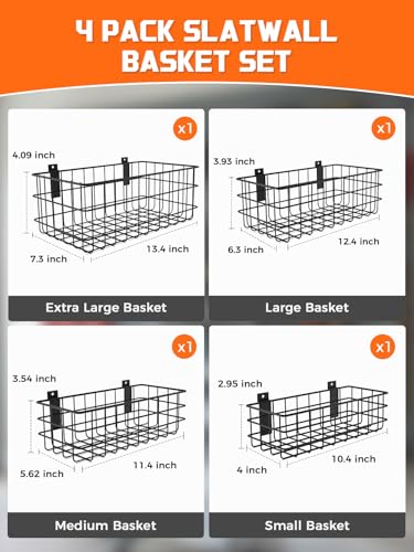 AZUNO 4 Pack Slatwall Baskets Set, Heavy Duty Metal Slat Wall Accessories Wire Baskets, Hanging Storage Organizer for Garage, Shop, Retail Display, Fits Standard Slatwall Panels - size: 4 Wire Baskets