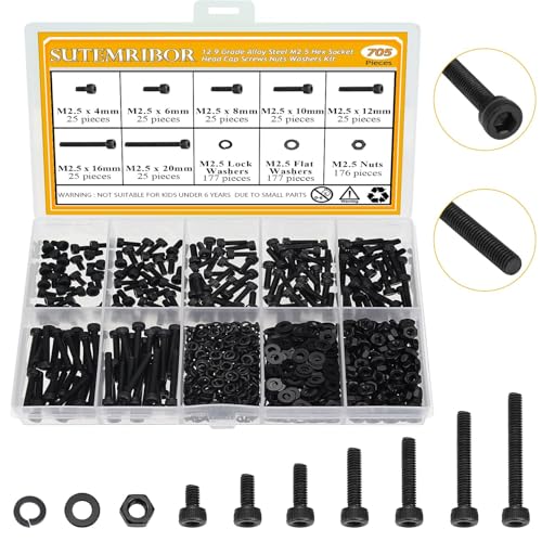 705 Pieces M2.5 Screws Nuts Washers Set Black, Sutemribor M2.5 x 4/6/8/10/12/16/20mm Hex Socket Head Cap Screws Nuts Washers Assortment Kit, 12.9 Grade Alloy Steel, Fully Threaded - size: M2.5 x 4/6/8/10/12/16/20mm Kit, style: Socket Head
