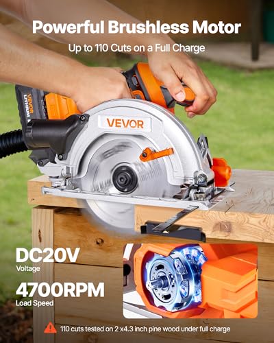 VEVOR 20V Cordless Circular Saw, 6-1/2" Brushless Circular Saw, 4700 RPM, 0-45 Degree Bevel Capability, LED Light, Electric Circular Saw Kit with Battery and Charger Included, for Wood Cutting - size: 6-1/2 in