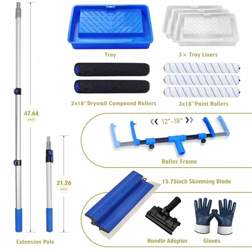 Paint Roller Kit, 18" Paint Roller Set with Paint Scraper, Putty Brushes, Tray with Disposable Liners, Extension Pole and Gloves, Wall Repair and Painting Tools for Interior Walls and Ceilings - size: 18-inch Paint and Putty Brush