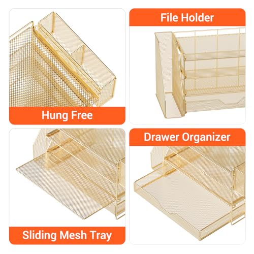 OPNICE Desk Organizers and Accessories, 4-Tier Desktop File Organizer with Drawer and Pen Holders, Office Desk Accessories Workspace Organizers for Office Supplies (Gold) - color: Gold, size: 4T