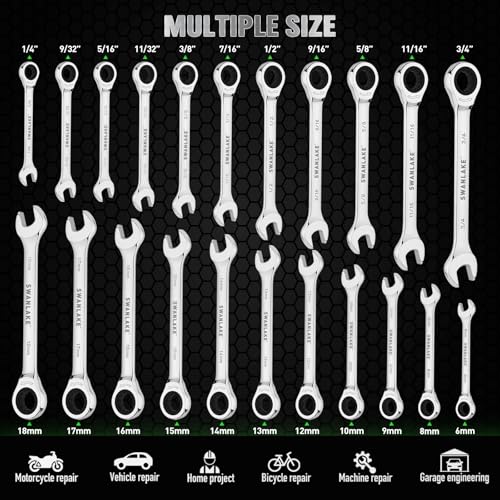 24-Piece Combination Ratchet Wrench Set, Metric (6-18mm) & SAE (1/4''-3/4'') Wrenches Set, 12-Point 72-Tooth Ratchet Spanners with Magnetic Base Organizer, Chrome Vanadium Steel for Auto Mechanic Tool - style: Ratchet Metric & SAE