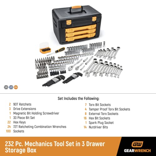 GEARWRENCH Mechanics Tool Set in 3 Drawer Storage Box, 232 Piece - size: 232 Pc