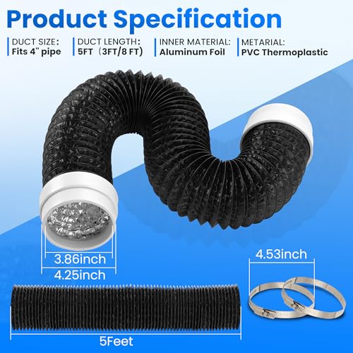 5FT Dryer Vent Hose, Heavy Duty 6-Layer Flexible Aluminum Dryer Duct - size: 4inch 5ft