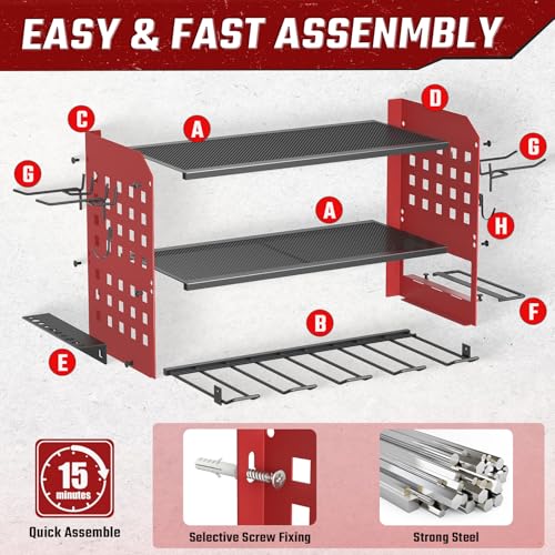 SUNALLY Power Tool Organizer, Wall Mount Garage Tools Storage Rack, Red - style: 4 Drill Holders D