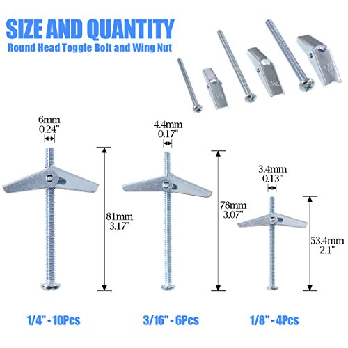 Glarks 24Pcs 1/8'', 3/16'', 1/4'' Toggle Bolt and Wing Nut Assortment Kit Zinc Plated Steel Round Head Toggle Bolts for Hanging Heavy Items on Drywall