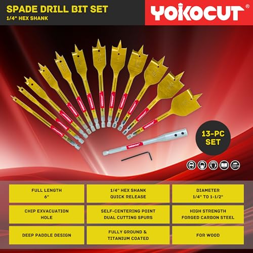 Spade Drill Bit Set, 13pcs Paddle Bits in SAE, 1/4 Hex Shank Flat Wood Bits for Woodworking, 1/4" to 1-1/2" Spade Bits for Wood with Nylon Storage Pouch - style: 13pcs Spade Bits Set in SAE & 1/4" Drill Bit Extension