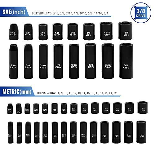Reniteco 50-Piece 3/8" Drive Socket Set, SAE 5/16"-3/4", Metric 8-22mm - size: 3/8"-50 PCS