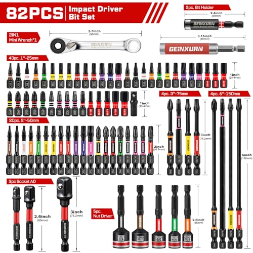 Geinxurn 82Pieces Impact Screwdriver Bits Set, Magnetic S2 Steel Phillips/Square/Torx/Hex Insert Power Bits Tips with Impact Bit Holder and Impact Nut Driver and Mini Wrench - size: Mixed-82Pcs-A