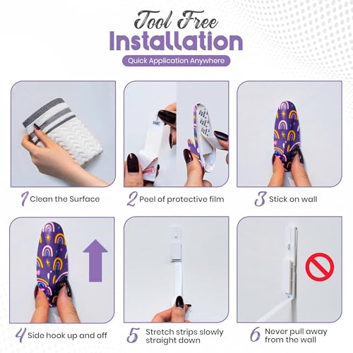 Adhesive Wall Hanging Hooks | Pack of 3 Purple Rainbow Print Wall Hooks with Heavy Duty Sticky Strips that Hold Up to 3lbs, Easy to Install Hanging Hook for Painted Walls & Kitchen