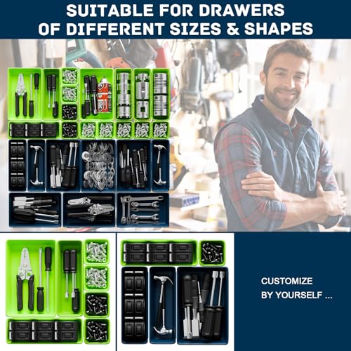 47pcs Tool Box Organizer, Tool Drawer Organizer Trays with Non-slip EVA Pads – Interlocking Divider Set, Fit Garage Storage Desk Drawers & Rooling Tool Cart (Blue & Green 47PCS) - color: Blue & Green 47PCS
