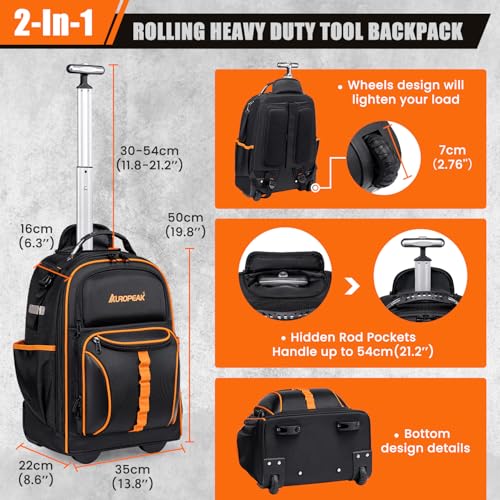 AUROPEAK Rolling Tool Backpack, 63 Pocket Heavy Duty Tool Bag with Wheels - size: 1.38" Wheel
