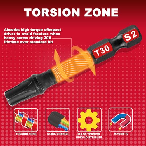 Geinxurn 5 Pieces T30 2 In. Impact Tough Magnetic Insert Bit Set, #30 Torx Head Power Bits, S2 Alloy Steel Star T30 Screwdriver Bits Set - size: 2"-5PCS, style: T30
