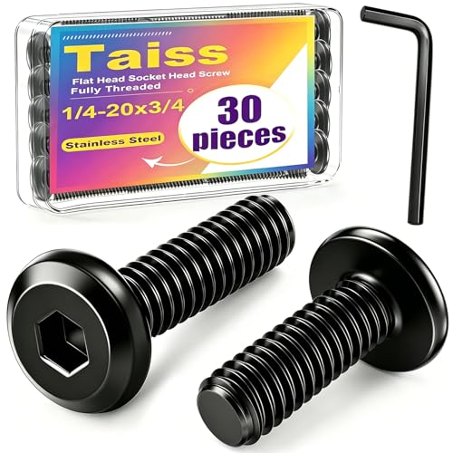 Taiss 30pcs 1/4-20 x 3/4" Flat Head Socket Head Screw,Furniture Bolts,Furniture Screws 304 Stainless Steel,1/4 Bolts Black Zinc Plated Fully Threaded,Countersunk Connector Screws with Hex Spanner - size: 30PCS 1/4-20x3/4"