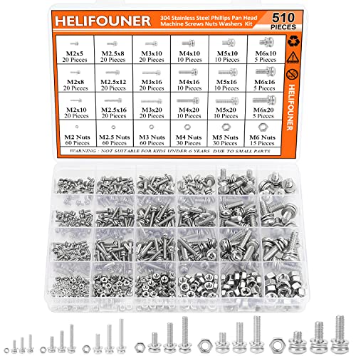 HELIFOUNER 510 Pieces Phillips Pan Head Machine Screws Nuts Washers Assortment Kit, Stainless Steel 304, Full Thread (M2 M2.5 M3 M4 M5 M6) - size: M2 M2.5 M3 M4 M5 M6