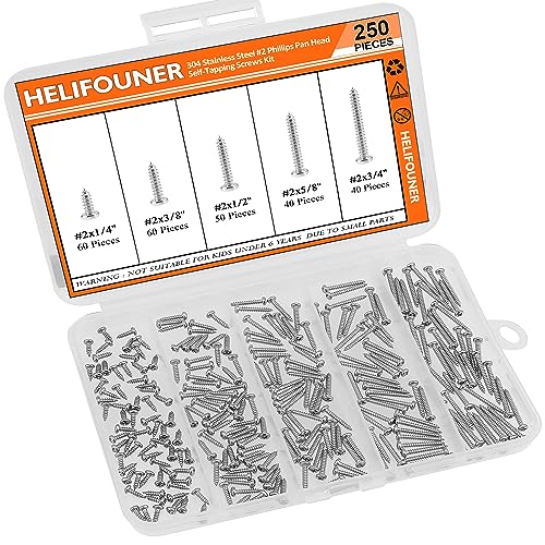 #2 x 1/4" 3/8" 1/2" 5/8" 3/4" Wood Screws Set, HELIFOUNER 250 Pieces Phillips Pan Head Self-Tapping Screws Assortment Kit, Phillips Pan Head Wood Screws, 304 Stainless Steel - size: #2