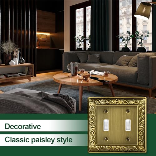 3-Pack Antique Brass Decorative Double Toggle Light Switch Cover Plate - size: 2 Gang Double Toggle