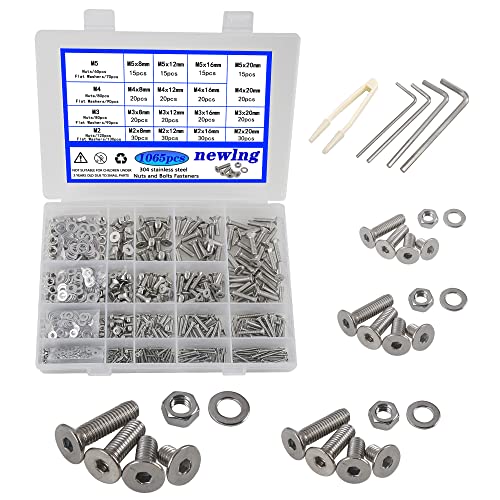 newlng 1065pcs M2 M3 M4 M5 Screws Bolts and Nuts Flat Button Hex Socket Washers Assortment Kit and Wrench Allen Head Machine Screws,for Metal DIY Projects,Tools & Equipment Maintenance - size: B-M2345