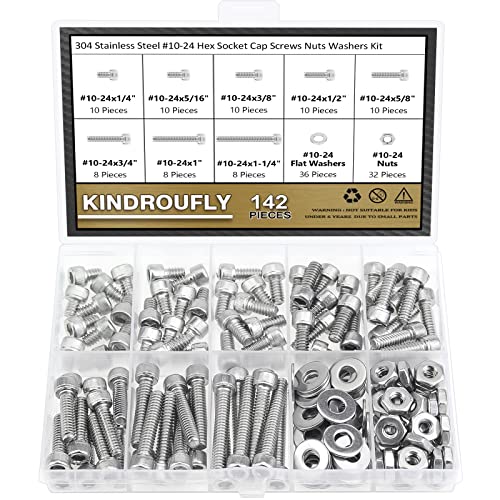 142 Pieces #10-24 x 1/4", 5/16", 3/8", 1/2", 5/8", 3/4", 1", 1-1/4", Hex Socket Head Cap Screws Nuts Washers Assortment Kit, 304 Stainless Steel, Fully Machine Thread - size: #10-24, style: Socket Head