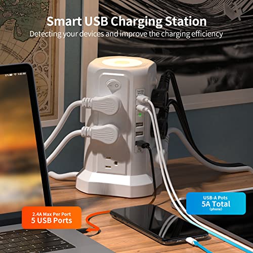 Surge Protector Power Strip Tower with 5 USB Ports and Night Light - color: White-5 USB A