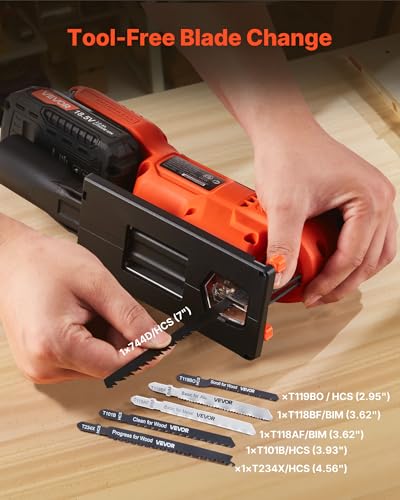 VEVOR 20V Cordless Jig Saw, 7/8" Brushless Jigsaw Tool for Makita 18V Battery, 3500 SPM & 6 Variable Speed, Battery & Charger, LED Light, 0-45° Bevel Cuts, 6 Blades, 4 Orbital Settings, Wood & Metal - size: 7/8 in-20V