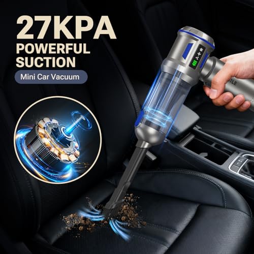 Yomile Mini Vacuum Cleaner, 2 in 1 27000PA Brushless Car Vacuum Air Duster 9000mAh Battery Air Blower Wireless Handheld Vacuum for Car,Office and Home - color: Blue