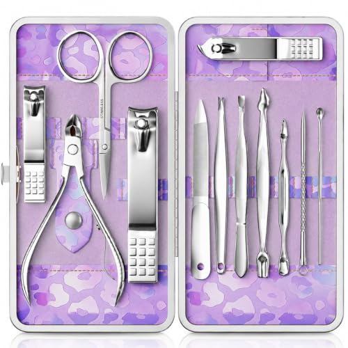 Manicure Set, Stainless Steel Nail Clipper Set with Travel Case - color: Silver and Purple