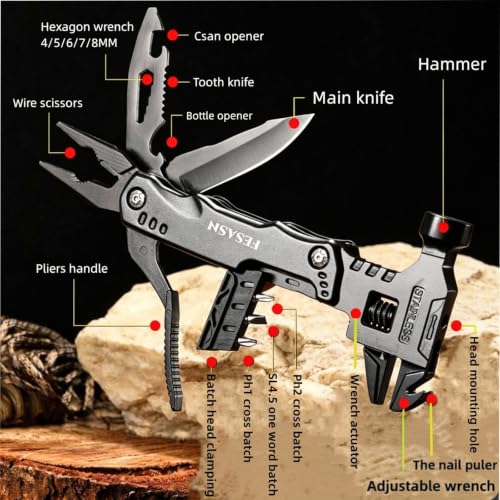 Adjustable Wrench Multitool Hammer, 16 in 1 | Pocket Multi Tool Pliers, Stainless Steel, Survival Camping Multi Tool, Home DIY & Everyday Use - style: Adjustable Wrench