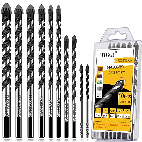 10-Piece Extended Masonry & Concrete Drill Bit Set, Carbide Tips, 1/8"-1/2" - size: 10 pcs 1/8"-1/2" Masonry Drill Bits Set